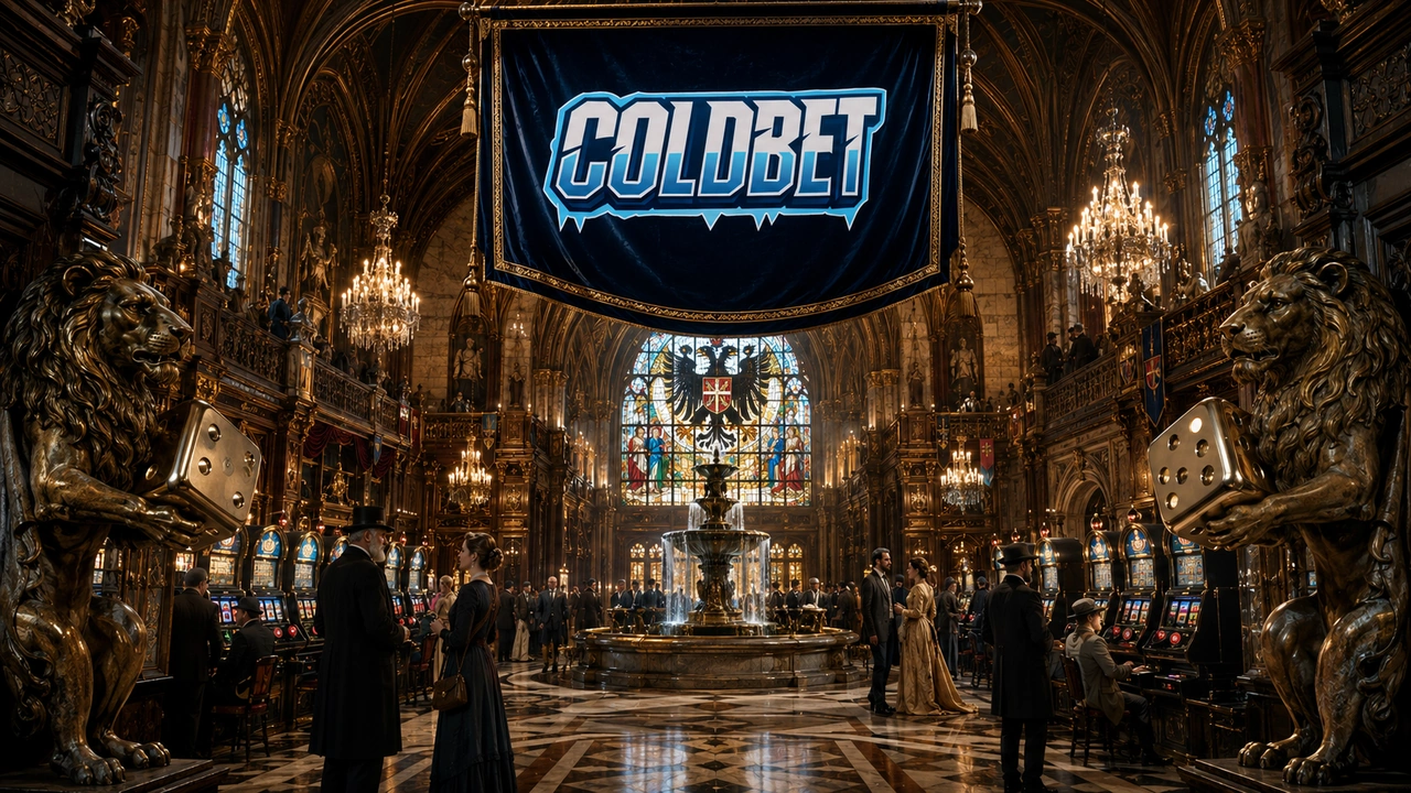 Coldbet Casino Seite – Münchner Marienplatz & Blackjack – Bayern Coldbet Casino-Unterseite am Münchner Marienplatz mit Glockenspiel als Live-Dealer-Monitor, grünen Blackjack-Tischen auf dem Platz, bayerischer Rautenfahne als Überdachung und dezentem blauen Neon nur auf den Dealer-Karten.