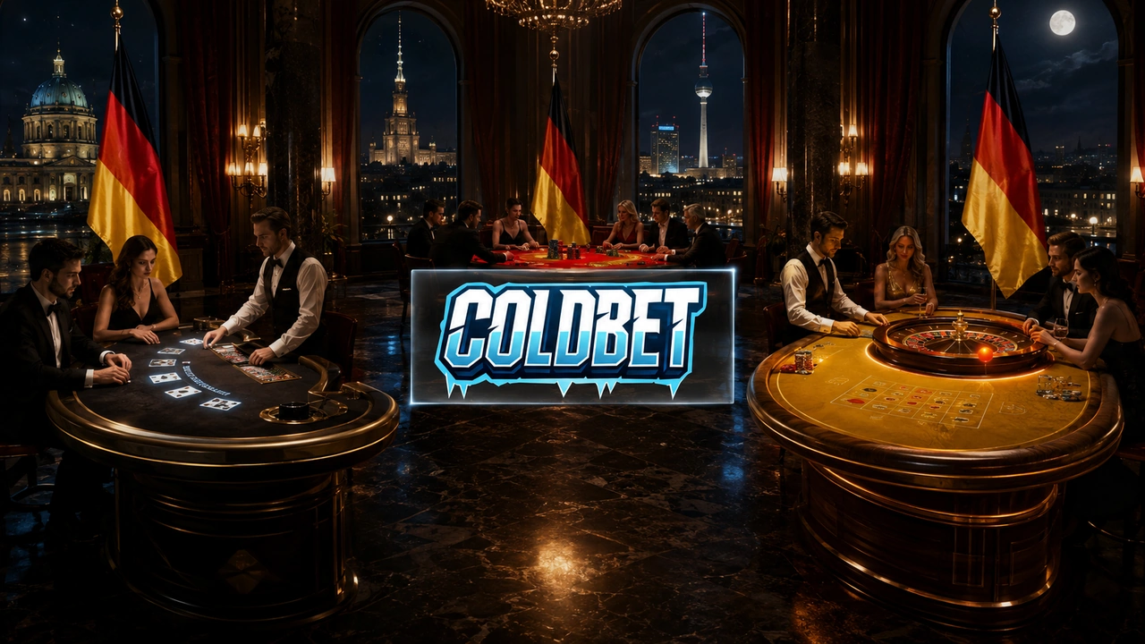 Coldbet iGaming – Flagge als Spieltisch & Kartenfarben – Deutschland Coldbet iGaming Visual mit Deutschlandflagge als riesiger Spieltisch, bestickten Kartenfarben (Kreuz, Pik, Herz, Karo), kleineren Flaggen an den Ecken und dezentem gelben Neon nur auf den Karo-Symbolen.