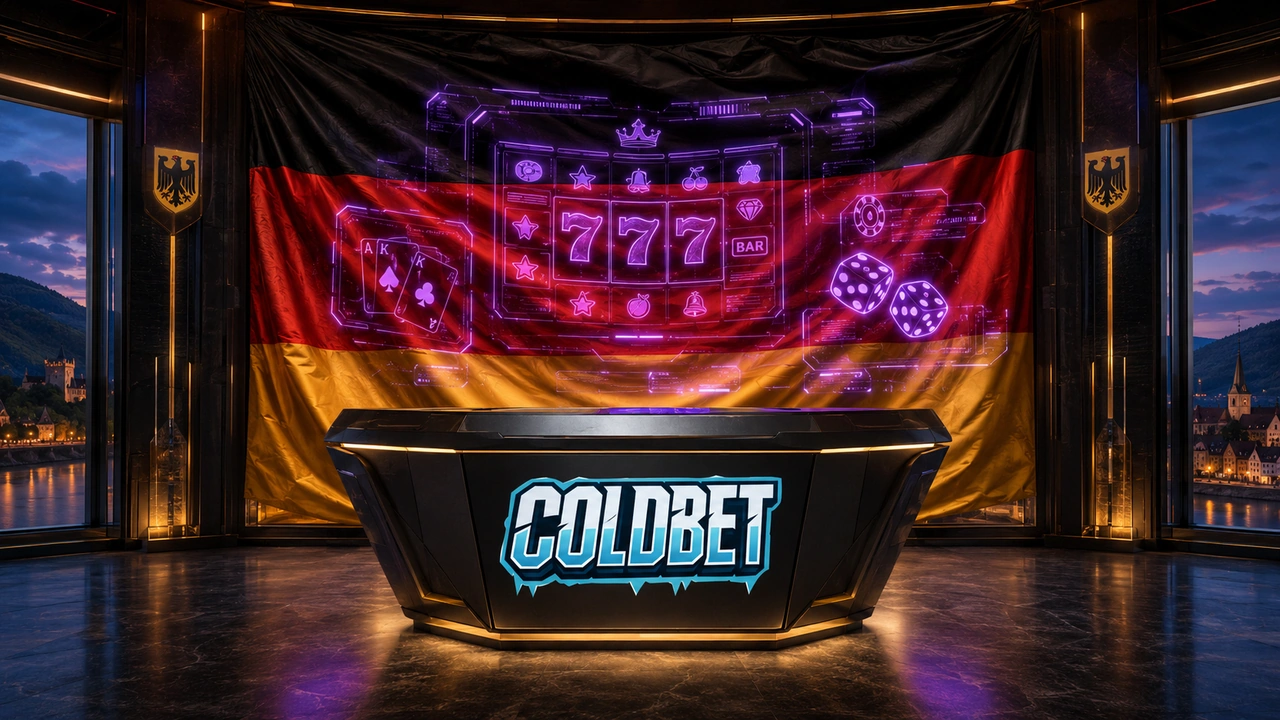 Coldbet iGaming – Bewegte Flagge & fliegende Würfel – Deutschland Coldbet iGaming Visual mit dynamisch bauschender Deutschlandflagge, eingewebten Würfeln, fliegenden Würfeln mit grünen Neon-Punkten und freier Fläche auf dem roten Streifen für das Coldbet-Logo.