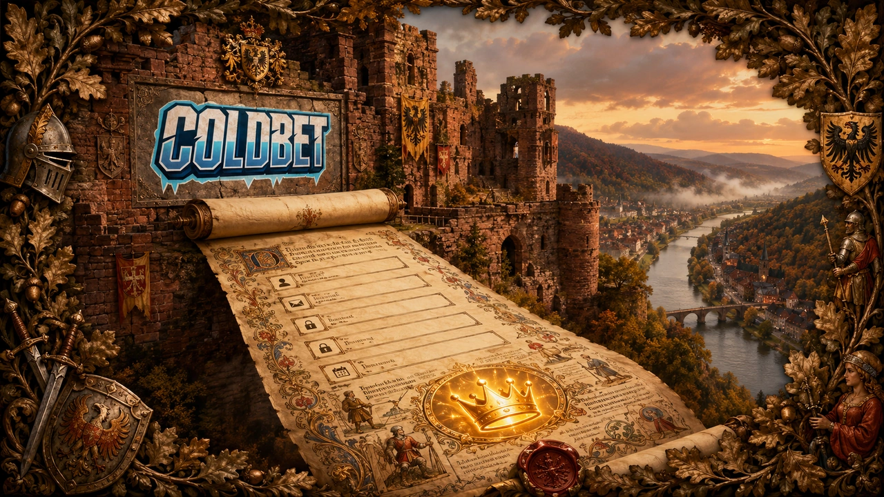 Coldbet Registrierung – Heidelberger Schloss & Bonus-Schriftrolle – Neckar Coldbet Registrierungsseite an der Heidelberger Schlossruine mit großer Pergament-Schriftrolle als Anmeldeformular, Eichenkranz, goldener Bonus-Ikone und dezentem Neongold nur auf dem Bonus-Symbol.