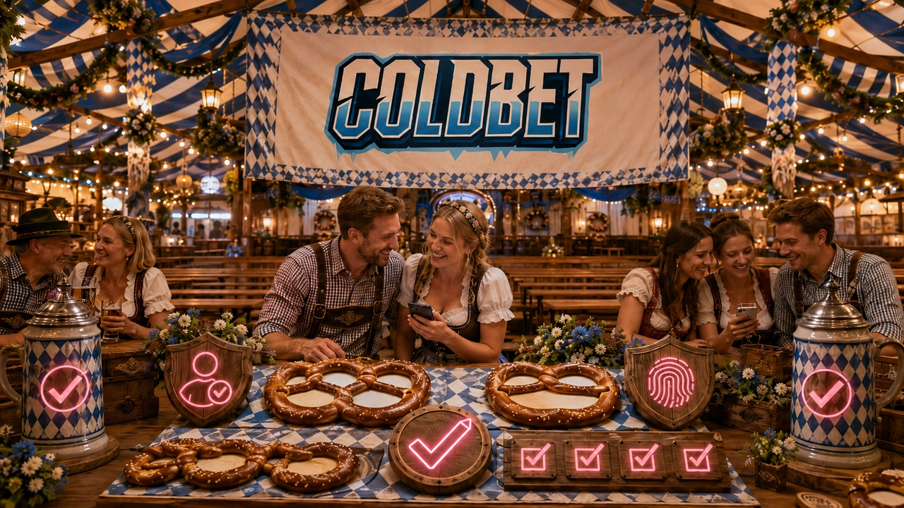 Coldbet Registrierung – Oktoberfest Zelt & Verifizierung – München Coldbet Registrierungsseite im Oktoberfest-Zelt mit Holzbänken, Verifizierungs-Symbolen, Brezeln und Bierkrügen als dekorativen Formularfeldern, bayerischer Stimmung und dezentem rosa Neon nur auf Bestätigungs-Haken.