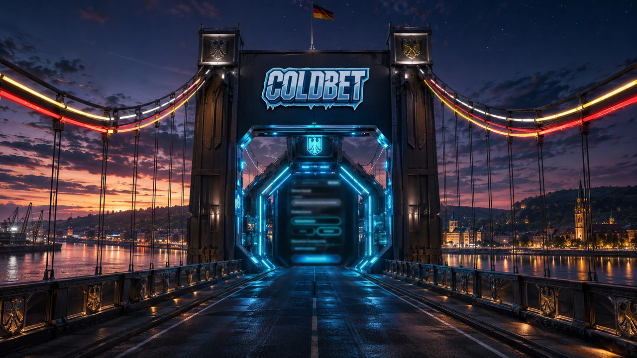 Coldbet Registrierung – Rheinbrücke & Kontoerstellung – moderne Deutschland Coldbet Registrierungsseite auf moderner Rheinbrücke in der Dämmerung mit Neon-Tunnel in deutschen Farben, futuristischem Interface und dezentem Cyan-Neon nur am zentralen Knotenpunkt.